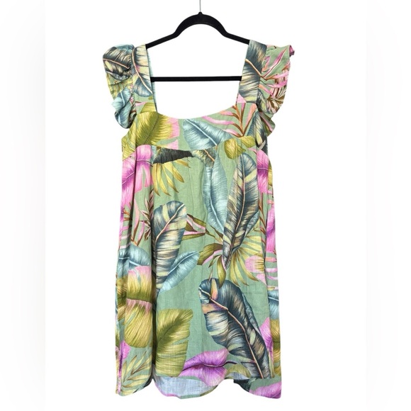 NWT Aqua Bloomingdales Linen Blend Green Tropical Baby Doll Ruffle Dress Size M - Picture 1 of 5